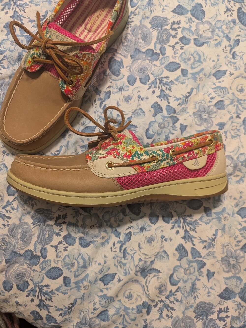 Sperry Women’s Tan Boat Shoes with Floral Trim - Pink Accents - Picture 2 of 6